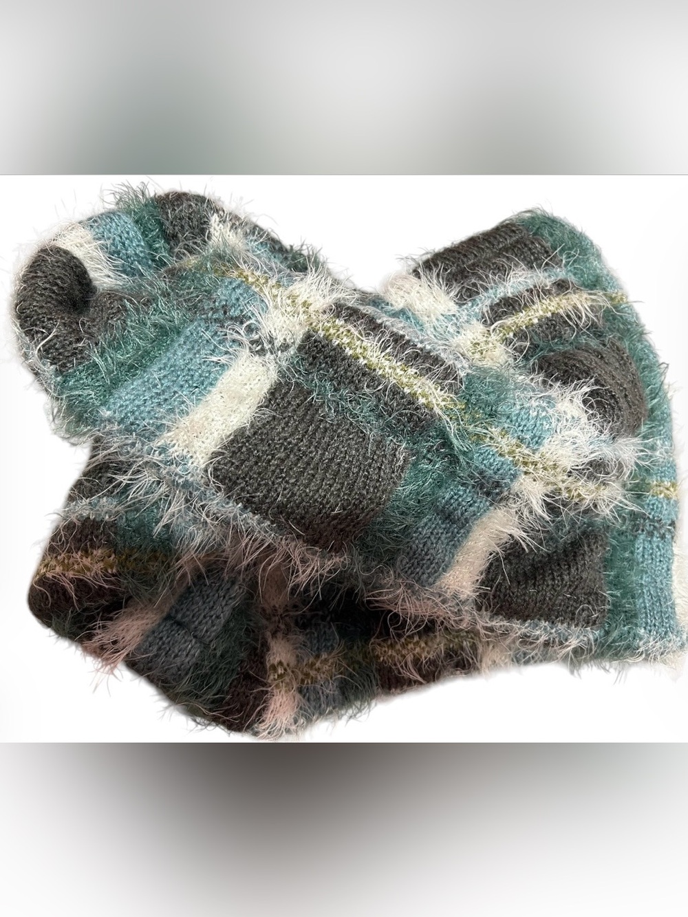 Anthropologie Fuzzy Plaid Knit Infinity Scarf - Teal & Gray